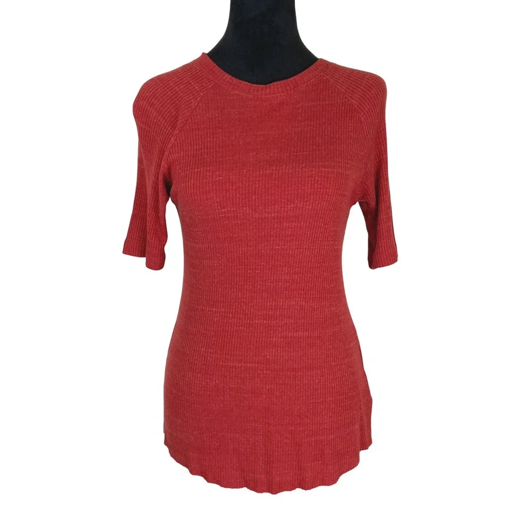 Adriano Goldschmied Short Sleeve Ribbed Knit Tee Rust Women's Small Boho Casual - Picture 1 of 7